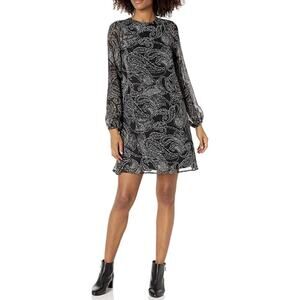 Calvin Klein Paisley Print Long Sleeve A Line Dress Size 6 Black Gray